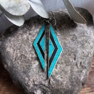 Mexico Alpaca Geometric Triangle Earrings Turquoise Black